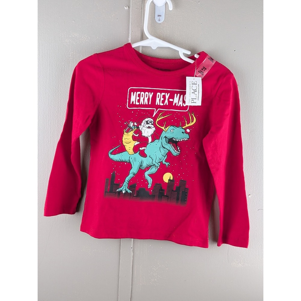 The Childrens Place Boys Red Merry Rex-Mas Santa T-Rex Graphic Tee 2T NWT